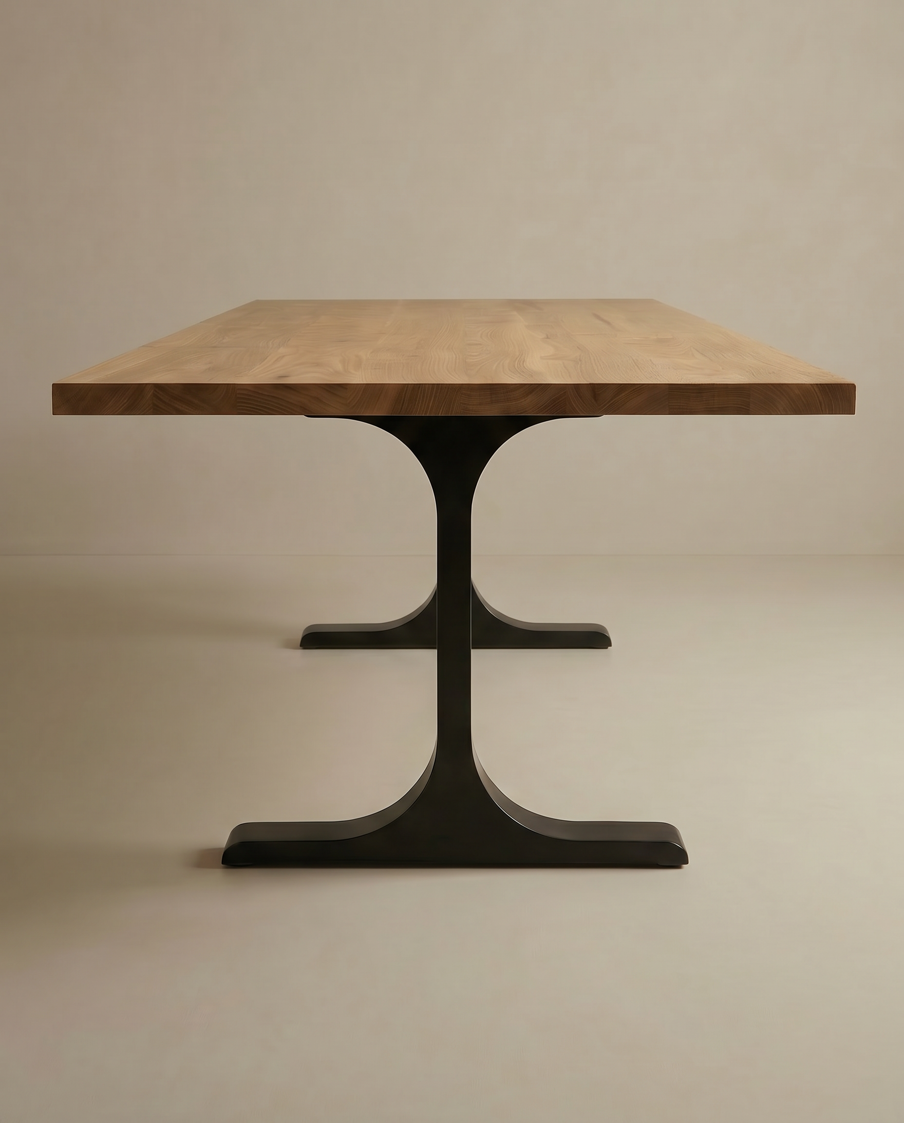 The SOBU Tommaso Dining Table features a modern European oak rectangular top and two black metal T-legs, displayed against a simple light backdrop.