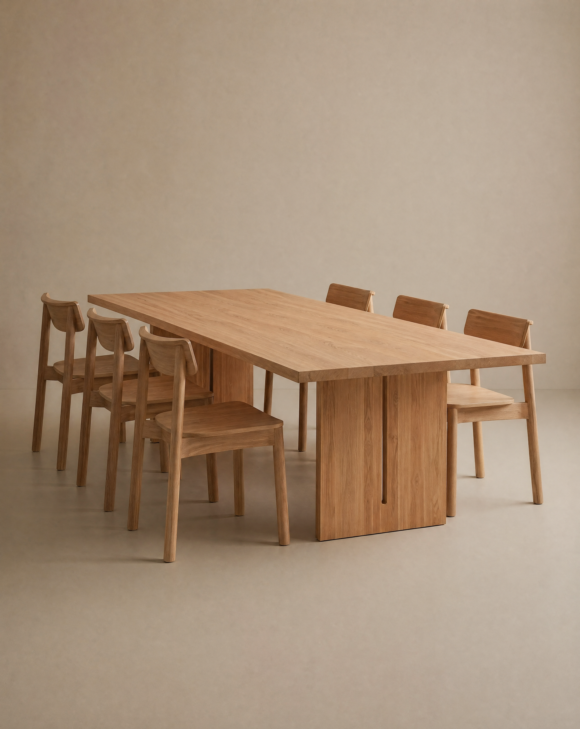 The SOBU Tommaso Dining Table with wood legs is paired with six matching wooden chairs, all displayed against a plain beige background.