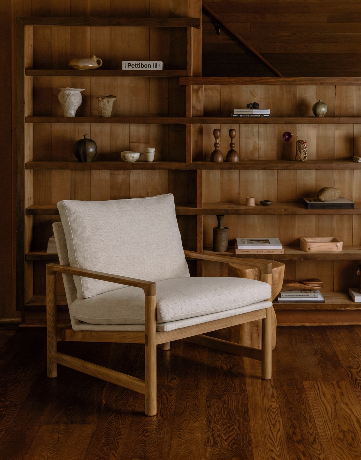 The Troubadour Lounge Chair | Fabric from Wooden Stories, featuring a solid walnut frame and white cushions, sits atop a wooden floor before built-in wooden shelves filled with books, pottery, and decor in a cozy, minimalist room—its design evokes the timeless appeal of the classic Danish collection.