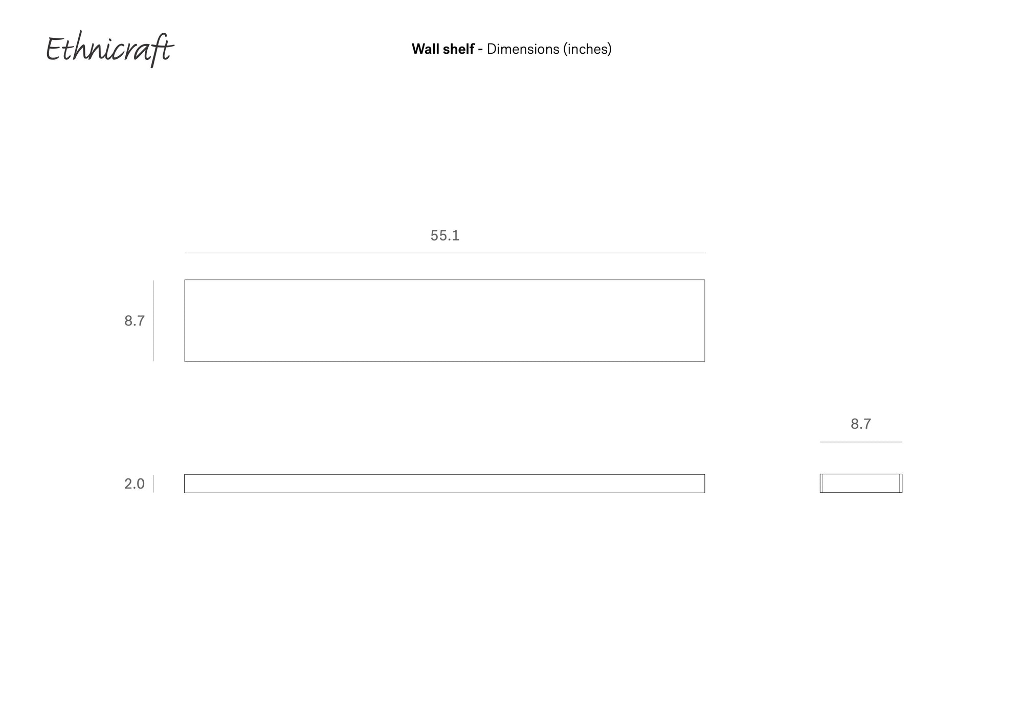 The Ethnicraft Wall Shelf - Oak technical drawing shows dimensions in inches: 55.1" wide, 8.7" tall, and 2.0" deep. Crafted from European oak, with the Ethnicraft logo at the top left corner.