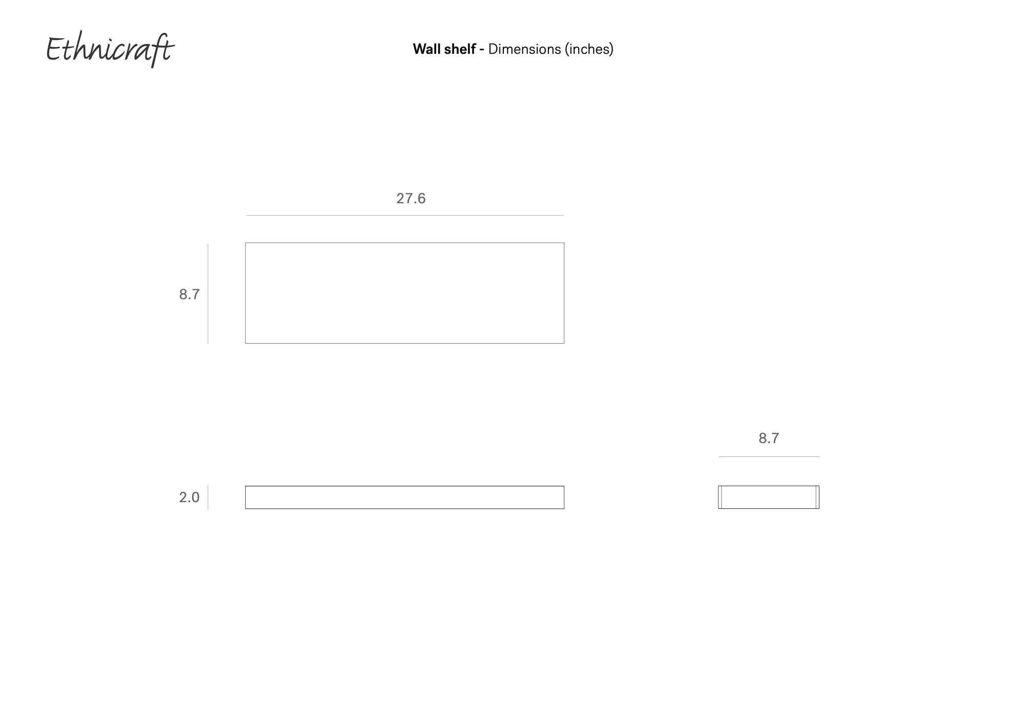 Diagram displaying dimensions of Ethnicraft Wall Shelf - Oak: main rectangle measures 27.6" wide x 8.7" high, with a depth of 2.0" shown in side view. Ethnicraft logo is positioned at the top left corner.