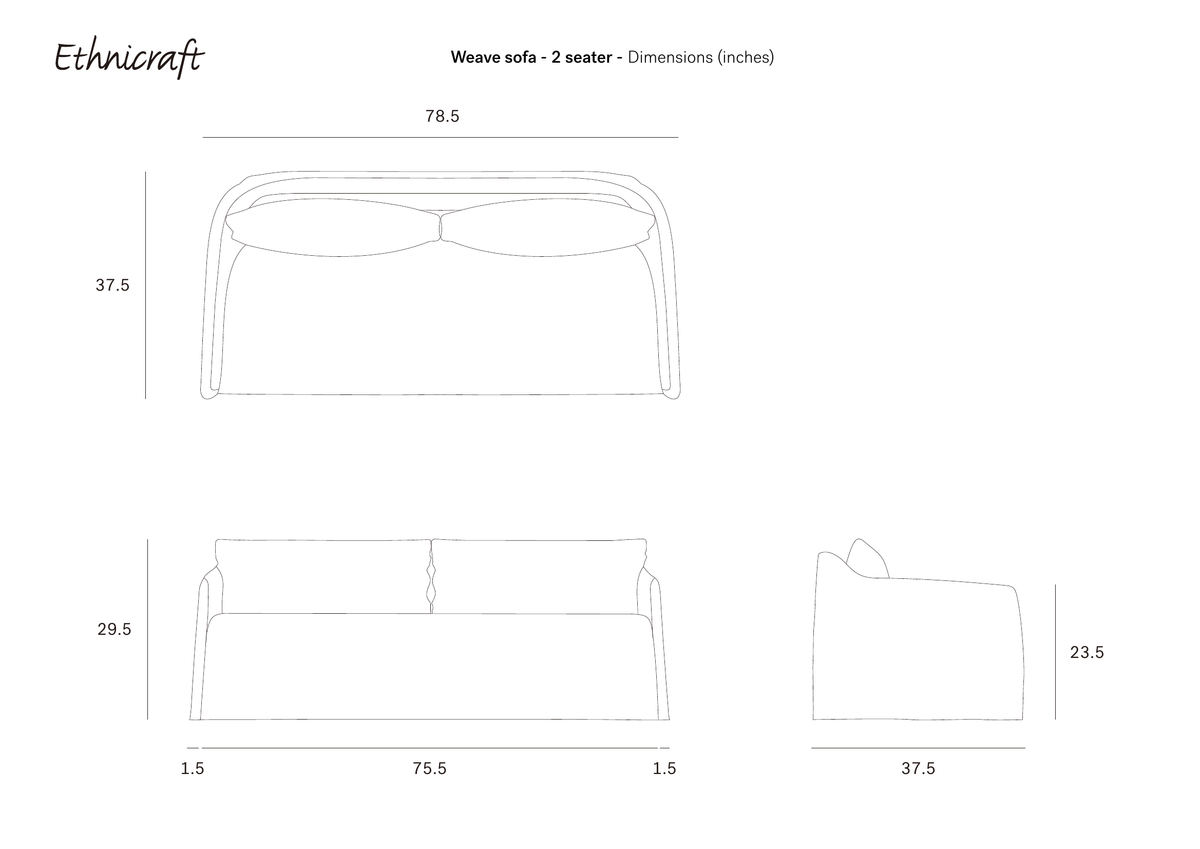 Line drawings of the Ethnicraft Weave Sofa | 2 Seater Green from three angles, displaying dimensions in inches: width 78.5, height 37.5, depth 37.5, seat height 17.5, back height 29.5, and armrest height 23.5. Features linen-blend upholstery and removable covers for effortless care and versatility.