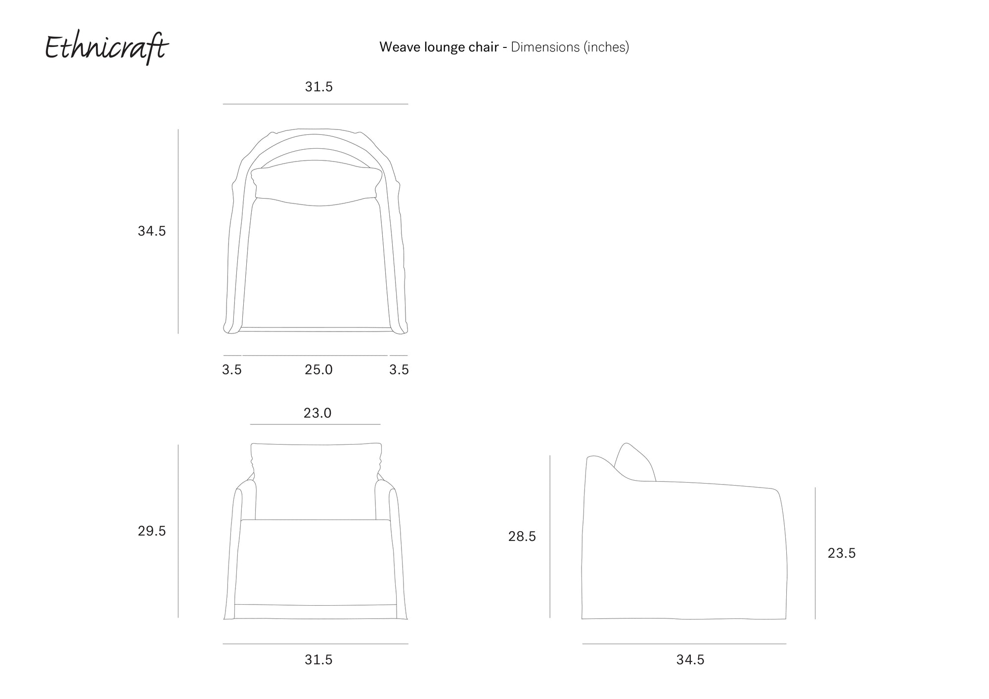 Line drawings of the Ethnicraft Weave Lounge Chair - Bone from three angles, with dimensions in inches: width 31.5, depth 34.5, height 28.5, seat height 23.5, arm width 3.5, and seat width 25.