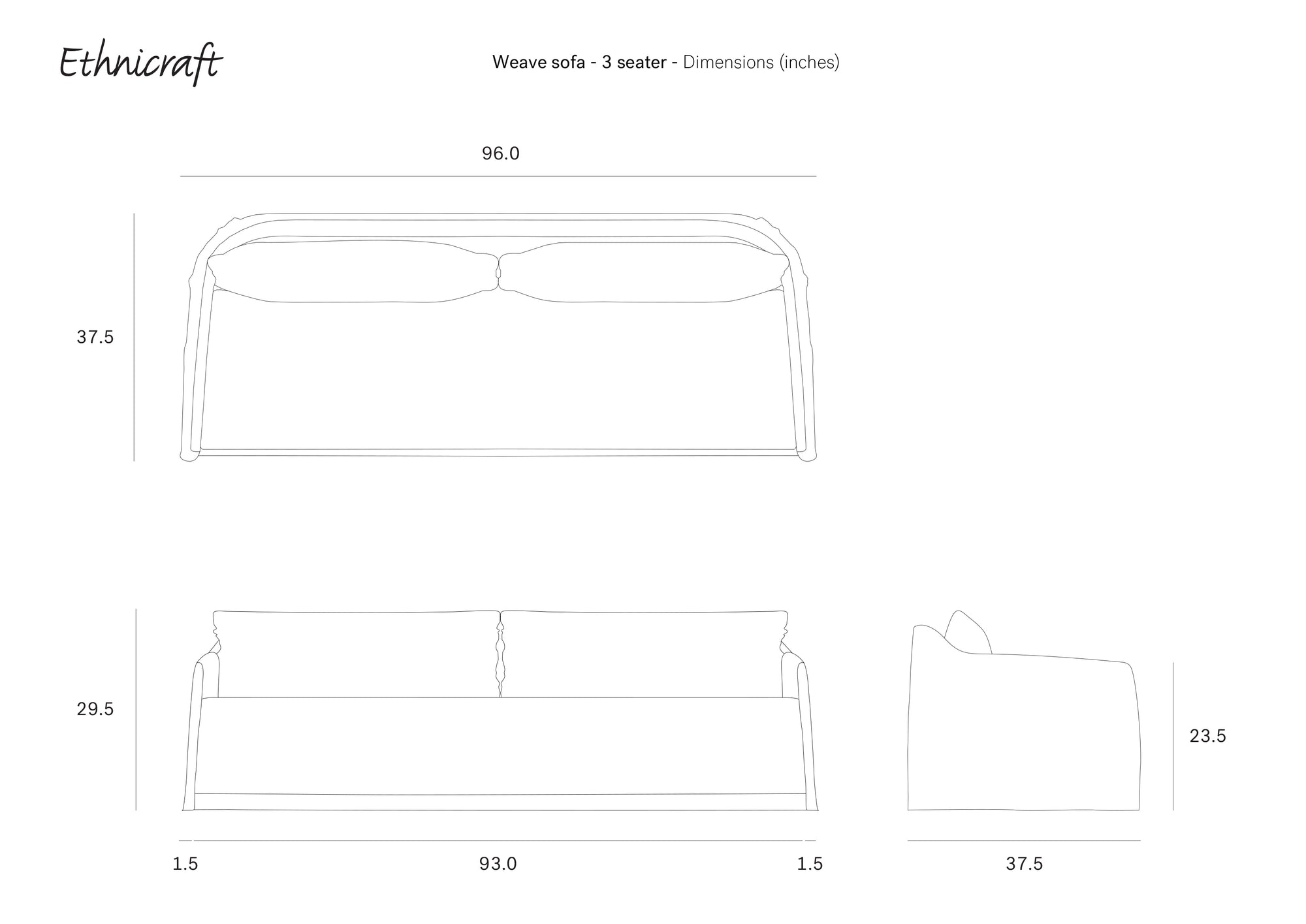 Line drawings show front, side, and top views of the Ethnicraft Weave sofa - Bone, a 3-seater linen-blend model with dimensions in inches: width 96, height 37.5, depth 37.5, and seat height 17.5.