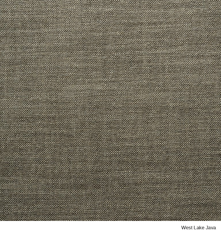 Close-up of a Material Swatches brownish-grey woven fabric swatch from the Danish Collection labeled West Lake Java.