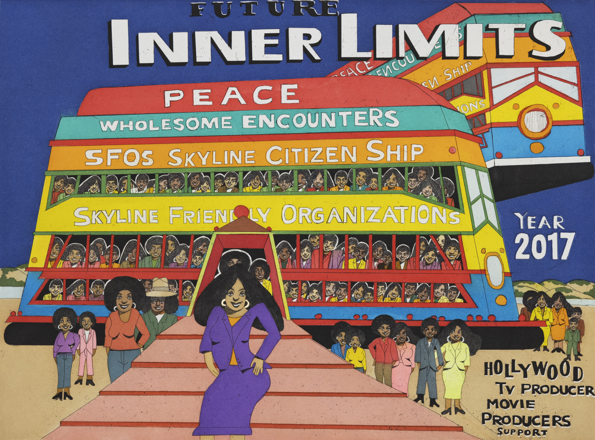 A vibrant limited edition fine art print, Untitled (Future Inner Limits), 2021 by William Scott from Paulson Fontaine Press, depicts buses adorned with uplifting messages such as “Peace” and “Wholesome Encounters,” smiling figures, and a woman in purple striking a pose on the red carpet. Signs referencing Hollywood and the year 2017 add context, while the artwork radiates joy and optimism, inspired by Creative Growth Art Center.