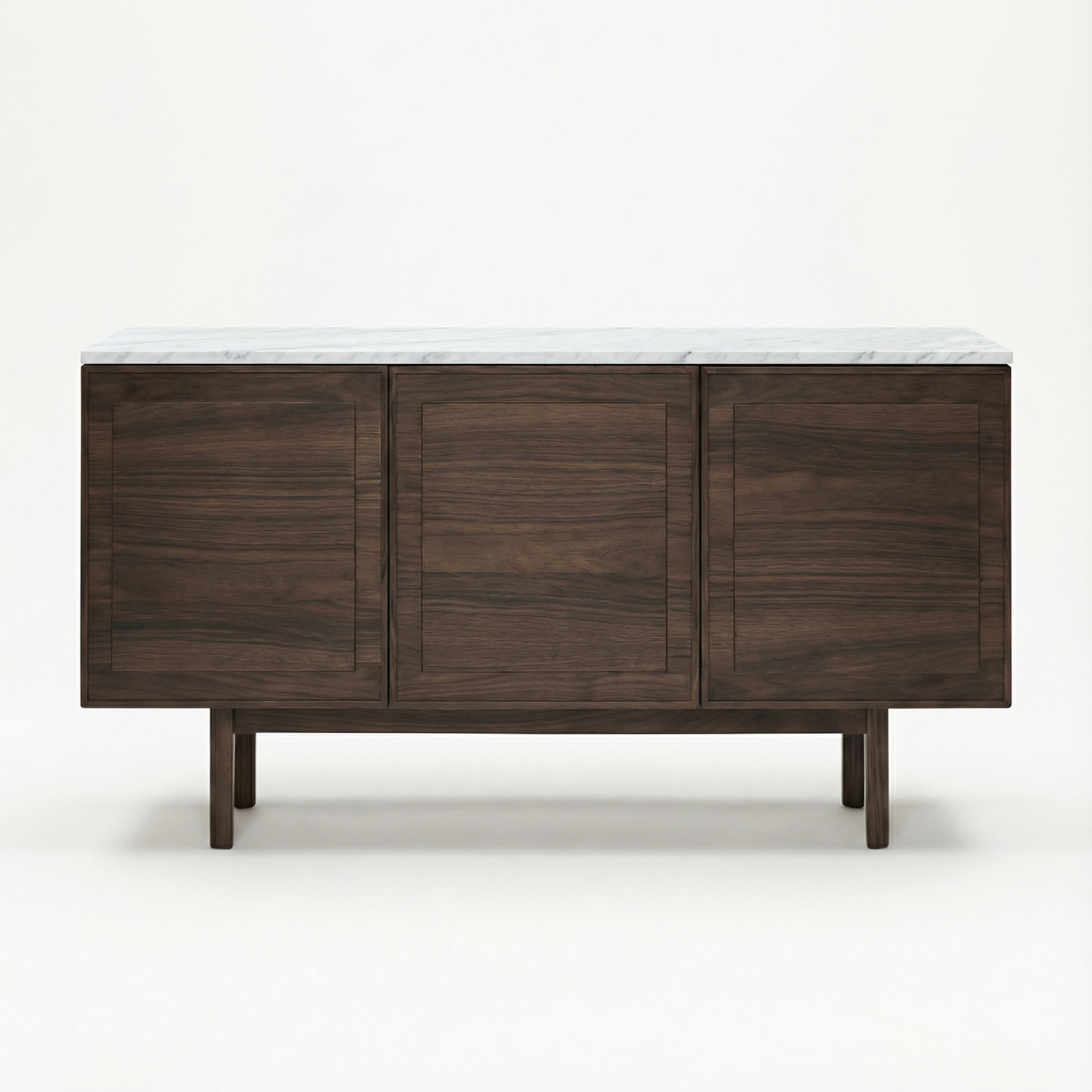 The Wooden Stories Yorke Sideboard with Stone Top features Danish-inspired lines, three paneled cabinet doors, a white marble surface, and stands on four straight legs against a plain white background.