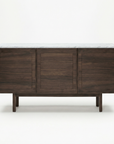 The Wooden Stories Yorke Sideboard with Stone Top features Danish-inspired lines, three paneled cabinet doors, a white marble surface, and stands on four straight legs against a plain white background.
