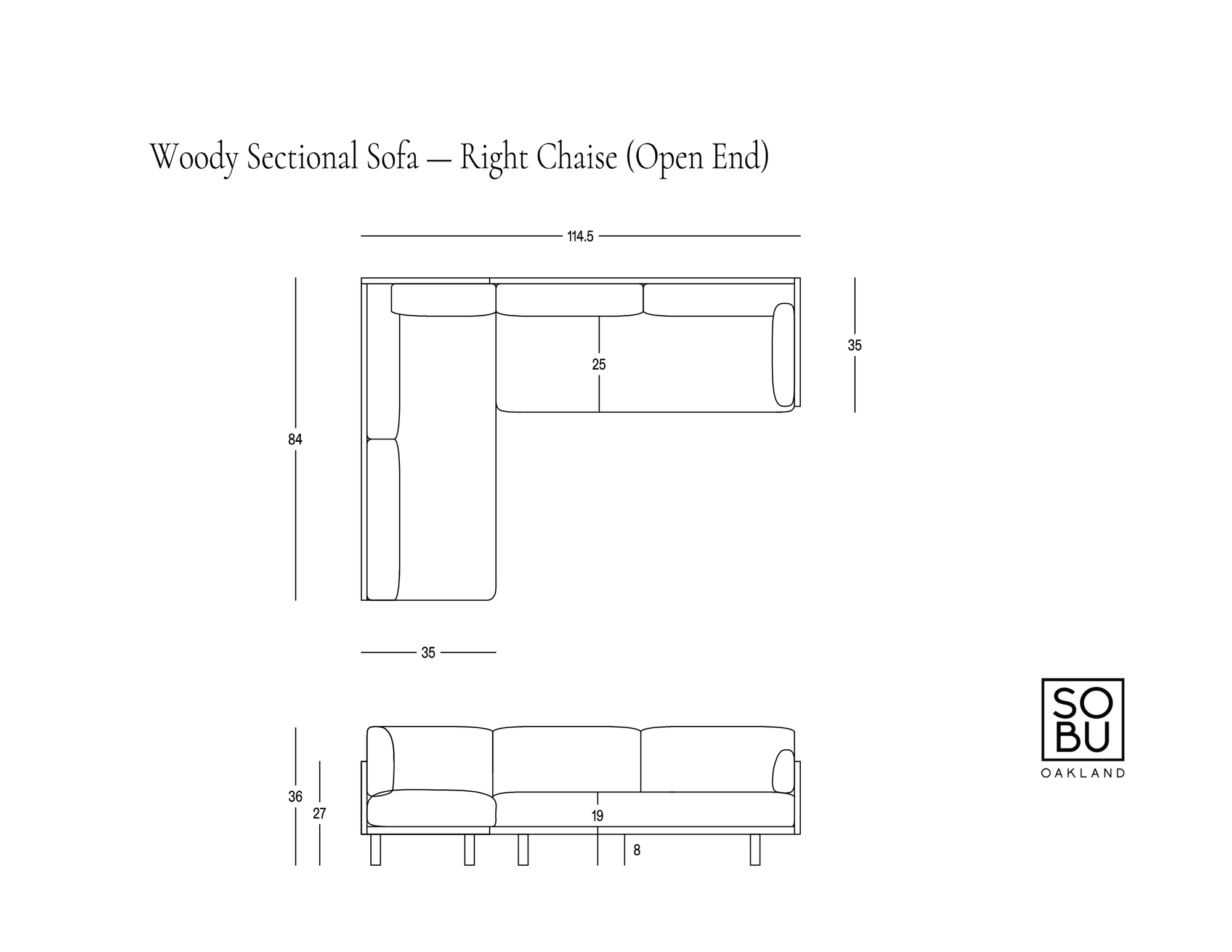 Dimension diagram of the SOBU Woody Sectional Sofa - White Ash and Charcoal Right Chaise (Open End): 114.5″W x 84″D x 36″H; seat depth 25″, seat height 19″, arm height 27″. This sectional sofa features a solid ash wood frame for lasting durability and style.