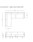 Dimension diagram of the SOBU Woody Sectional Sofa - White Ash and Charcoal Right Chaise (Open End): 114.5″W x 84″D x 36″H; seat depth 25″, seat height 19″, arm height 27″. This sectional sofa features a solid ash wood frame for lasting durability and style.