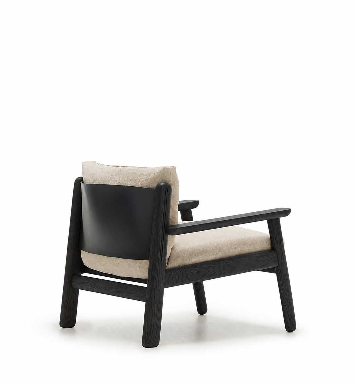 The Wren Lounge Chair | Fabric by Wooden Stories features a solid walnut frame, light beige cushions, and a curved black backrest panel that evoke the classic elegance of Danish design, shown here against a white background.