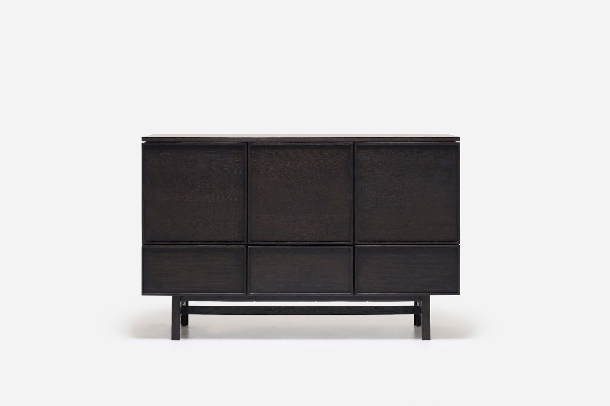 The Yorke Highboard by Wooden Stories features modern, dark wood construction, clean lines, six square front panels, and four short legs, set against a plain white background.