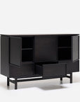 The Yorke Highboard by Wooden Stories features modern Scandinavian design with dark wood, angled legs, two doors revealing shelves, and two partially open drawers, all set against a plain white background.