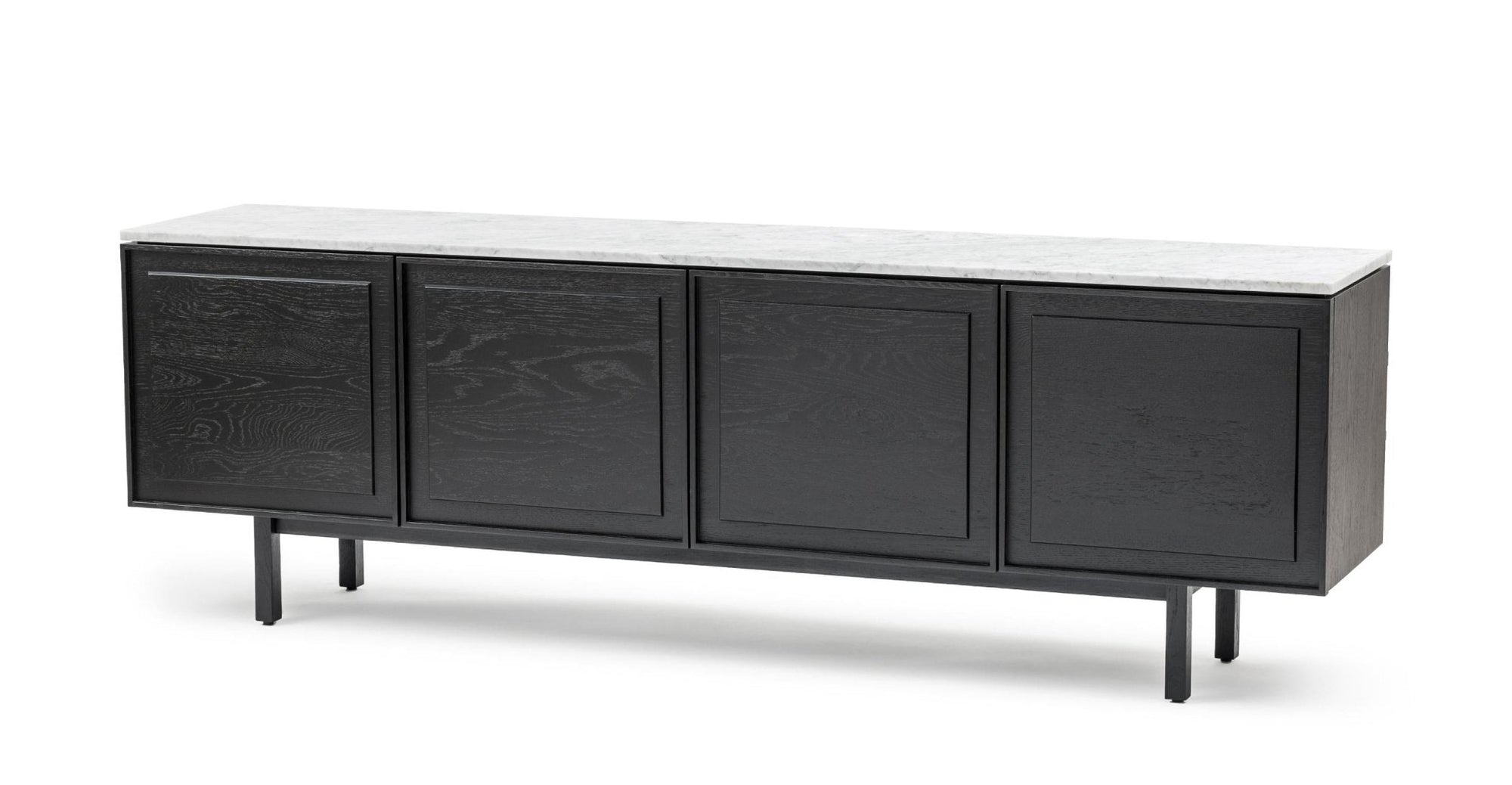 The Yorke Sideboard with Stone Top by Wooden Stories features a modern black wood design with Danish lines, four paneled cabinet doors, slim legs, and a light-toned stone surface.