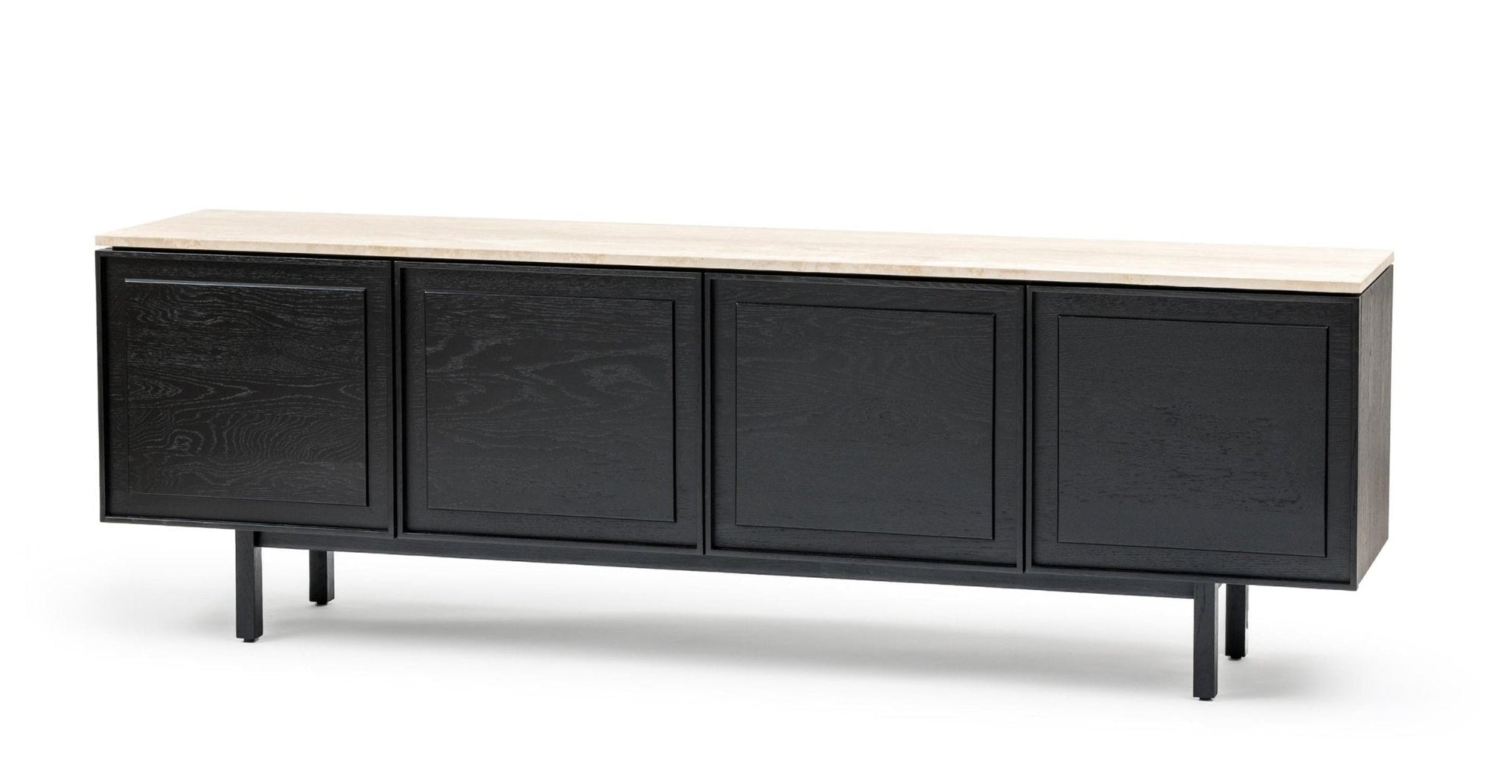 The Yorke Sideboard with Stone Top by Wooden Stories features Danish-inspired lines, a stone top, four black paneled cabinet doors, and stands on slim black legs.