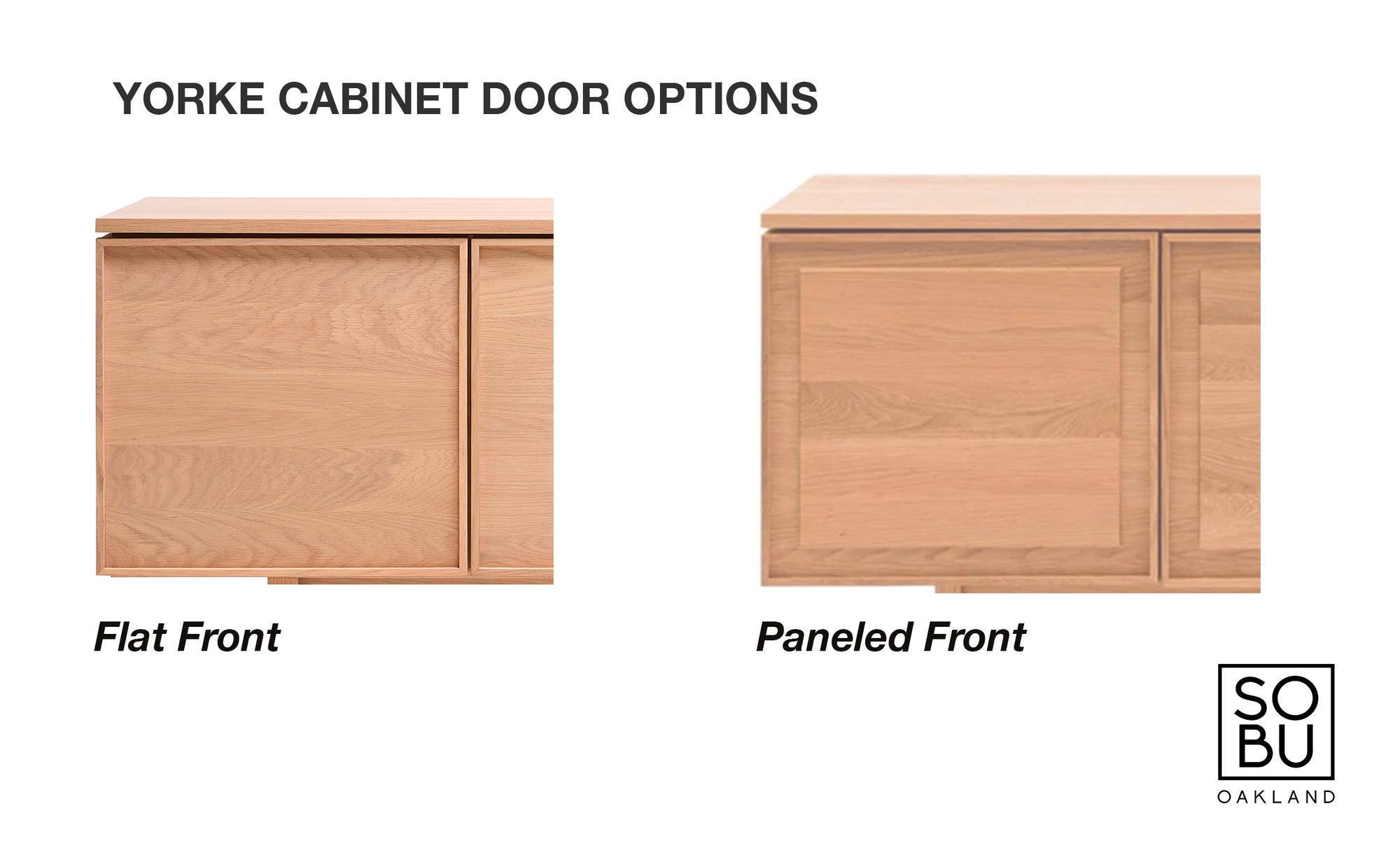 Comparison of two light wood Yorke Sideboard cabinet door styles by Wooden Stories—flat front (left) and paneled front (right)—ideal for Scandinavian décor. Each style is labeled, with the Wooden Stories logo in the bottom right corner.