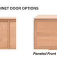 Comparison of two light wood Yorke Sideboard cabinet door styles by Wooden Stories—flat front (left) and paneled front (right)—ideal for Scandinavian décor. Each style is labeled, with the Wooden Stories logo in the bottom right corner.