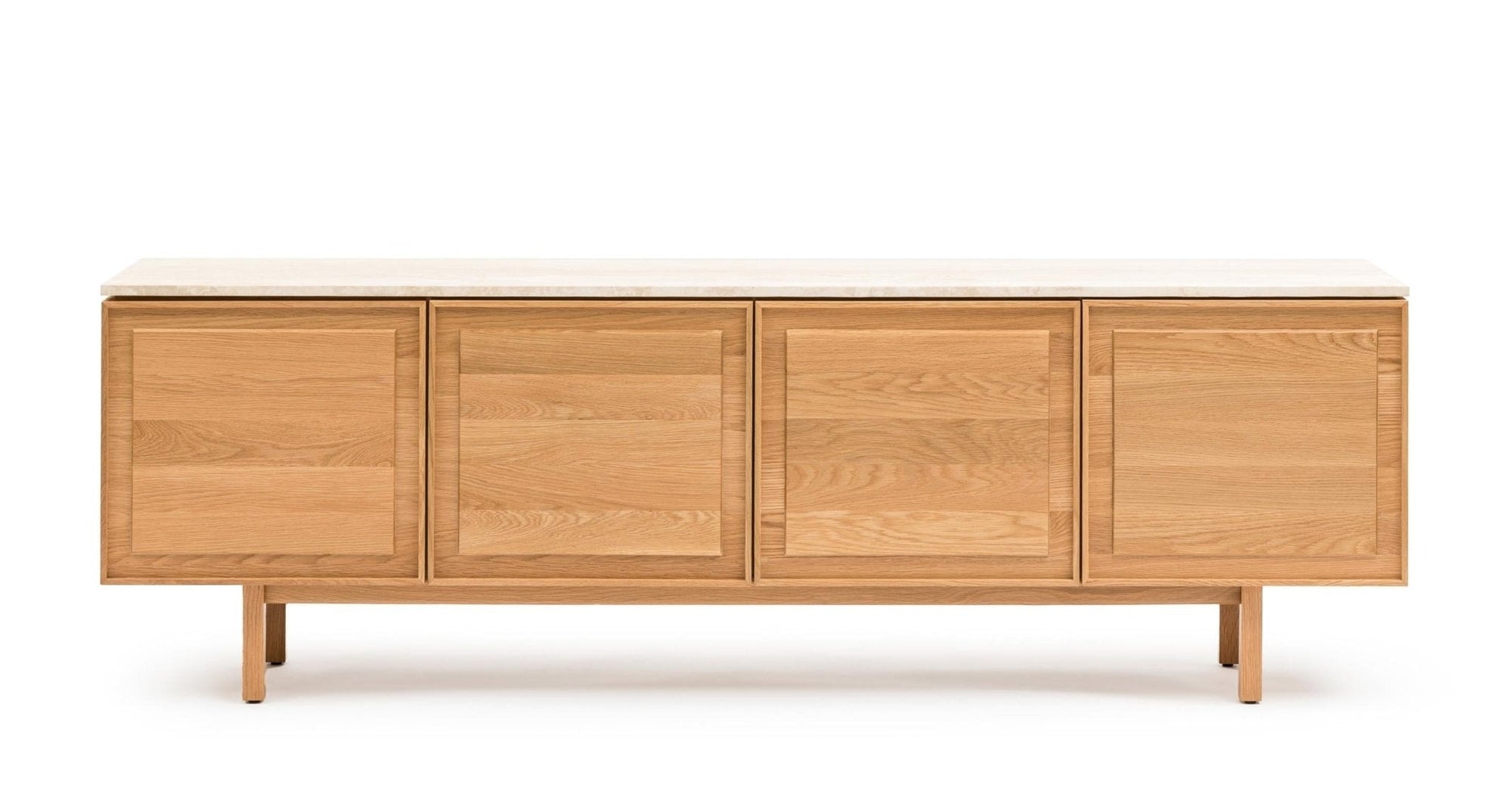 The Wooden Stories Yorke Sideboard with Stone Top features four rectangular cabinet doors, clean Danish lines, minimalist design in light wood, and stands on short legs.
