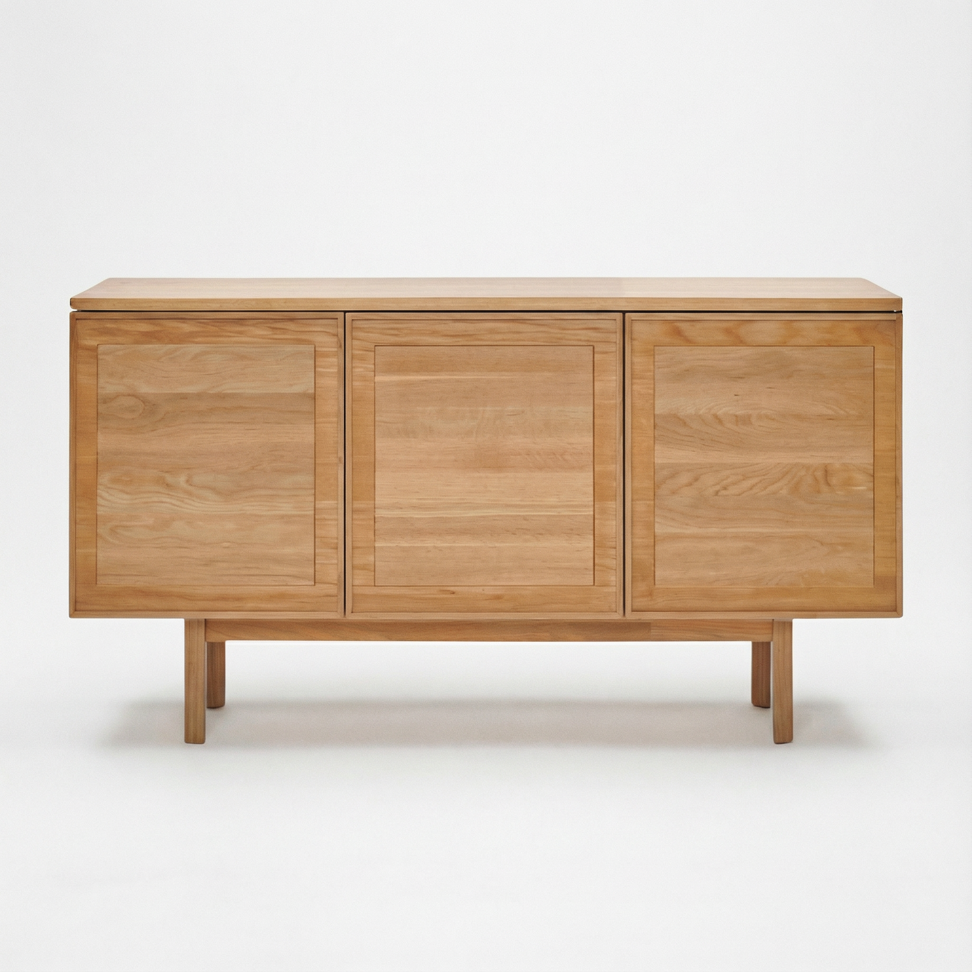 The Yorke Sideboard by Wooden Stories features light wood, Danish-inspired lines, three cabinet doors, and short legs, displayed against a plain white background.