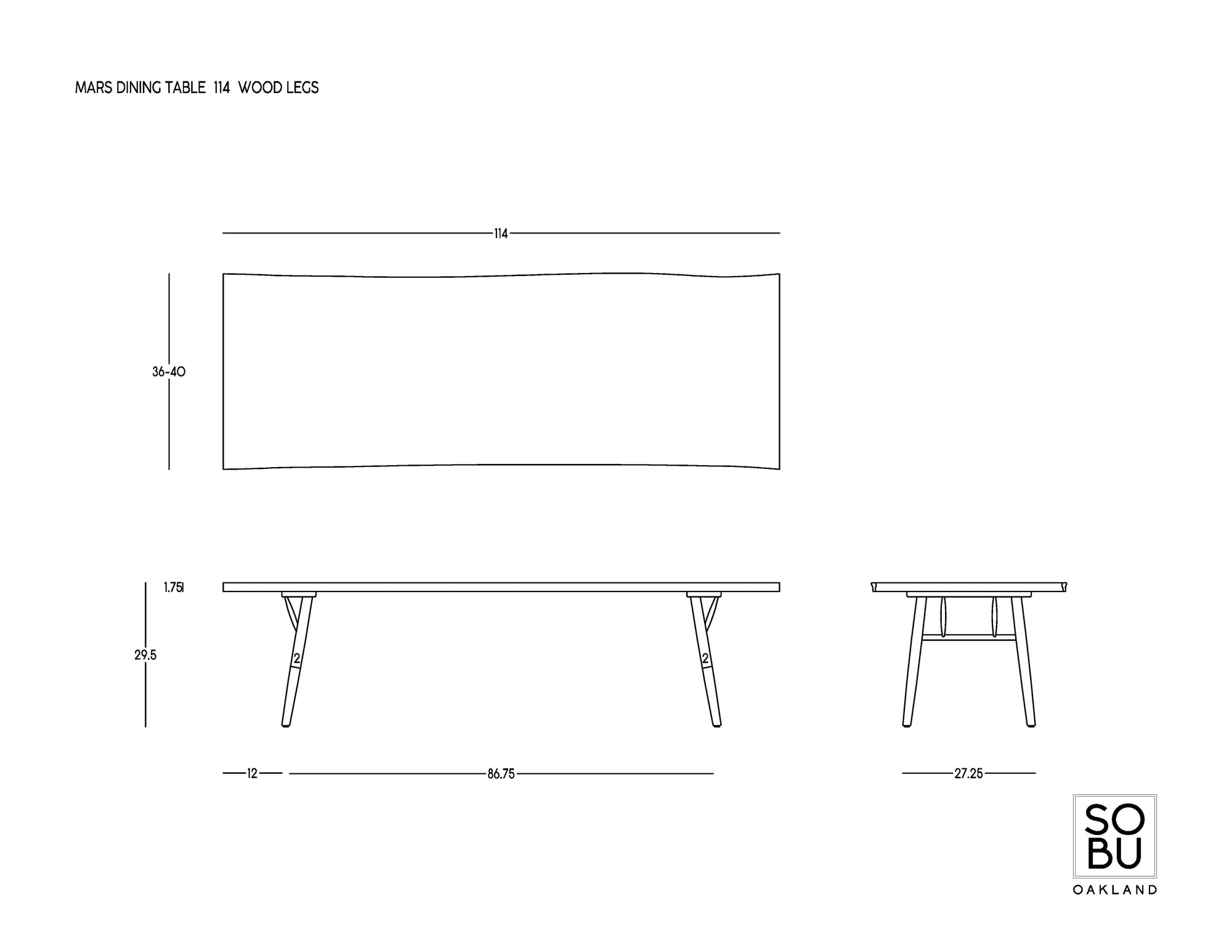 Line drawing of the Mars Live Edge Dining Table - Walnut with Wood Legs by SOBU, shown from top, side, and end views with measurements. Simple lines highlight its rectangular solid walnut form and dimensions.