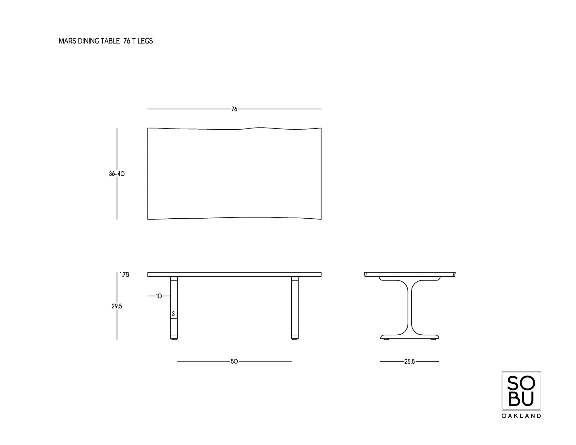 Technical drawing of the Mars Live Edge Dining Table - Black Ash with Black T Legs by SOBU. Shows top, front, and side views with dimensions. Solid ash table with SOBU Oakland logo in the corner from the Mars Dining Table Collection.