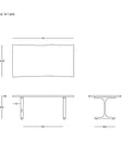 Technical drawing of the Mars Live Edge Dining Table - Black Ash with Black T Legs by SOBU. Shows top, front, and side views with dimensions. Solid ash table with SOBU Oakland logo in the corner from the Mars Dining Table Collection.
