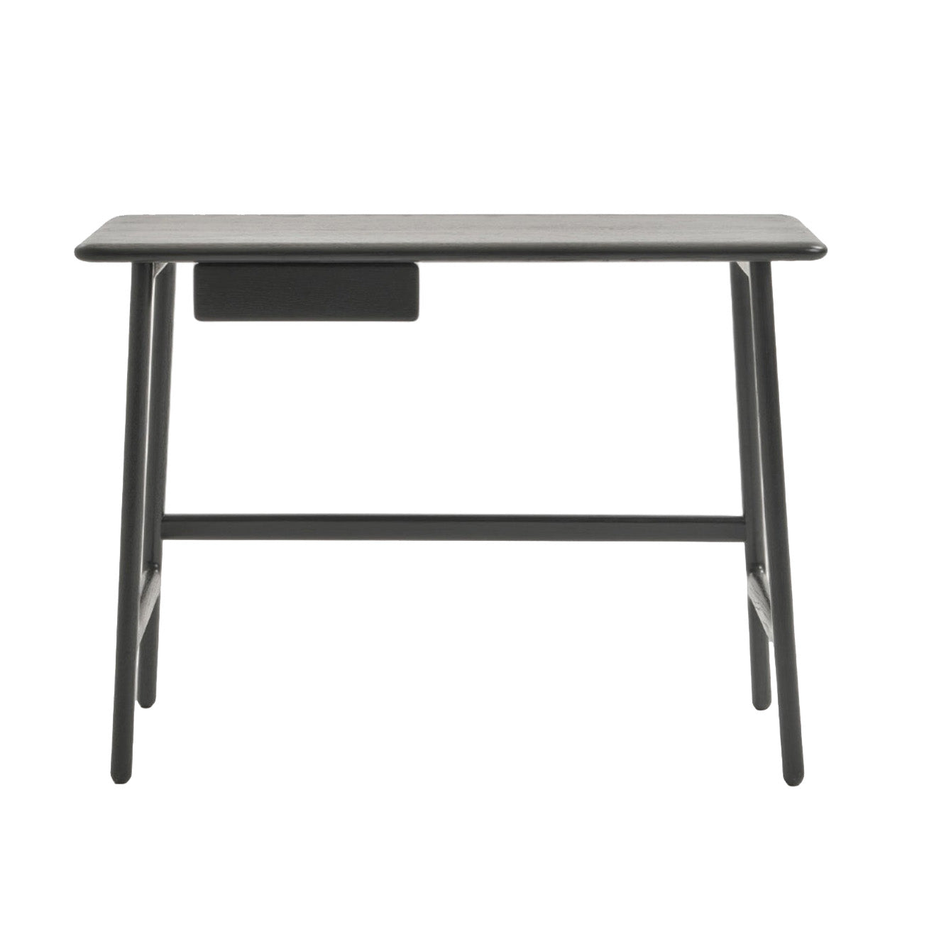 The Wooden Stories Author Desk in Black Oak features a modern Scandinavian design with four straight legs, a flat rectangular top, and a small cork-lined drawer—ideal for a minimalist home office.