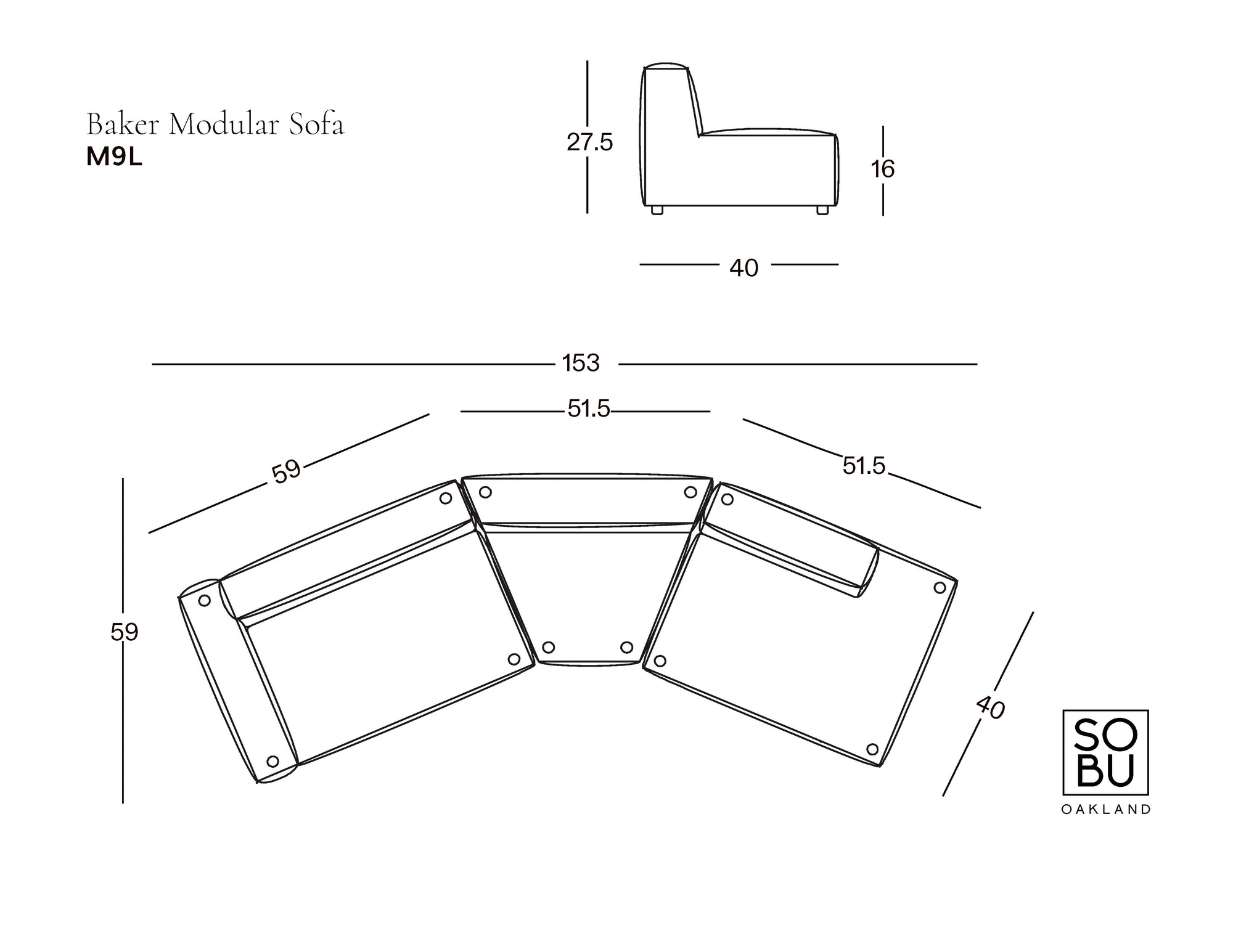 Diagram of the Baker Modular Sofa | Fabric • M9 by Wooden Stories, showing side and top views with measurements. Features a modern sectional design. SOBU Oakland logo in corner.