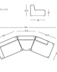 Diagram of the Baker Modular Sofa | Fabric • M9 by Wooden Stories, showing side and top views with measurements. Features a modern sectional design. SOBU Oakland logo in corner.