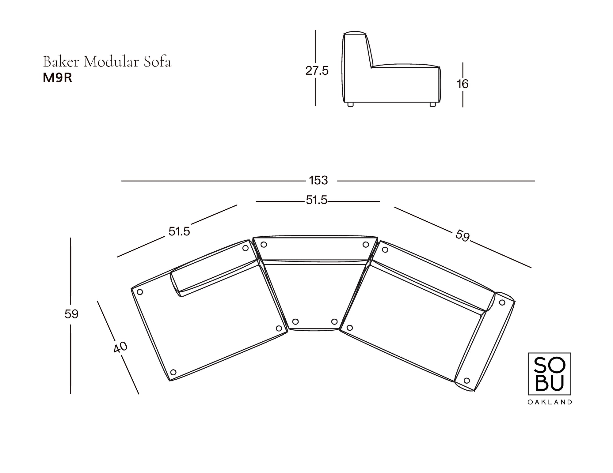 Line drawing of the Baker Modular Sofa | Fabric • M9 by Wooden Stories, top view with sectional measurements in inches, side profile showing height and seat depth, and SOBO Oakland logo in the bottom right corner.