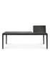 The Ethnicraft Bok Extendable Dining Table in black features a minimalist design with four slender legs and is shown against a white background.
