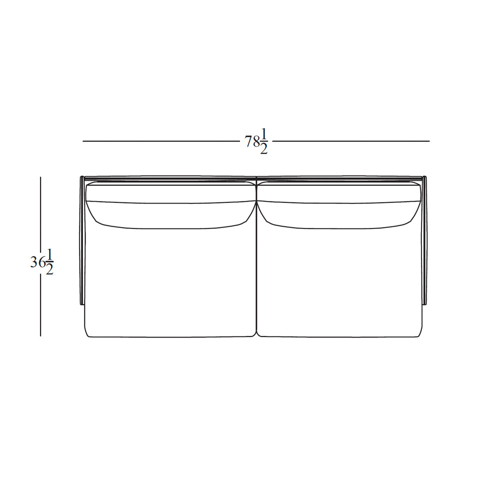 Top-view line drawing of the Cherry Sofa 79" by Wooden Stories, showcasing sleek Danish design, with measurements indicating a 79-inch width and 36.5-inch height—perfect for a stylish, modern living room.