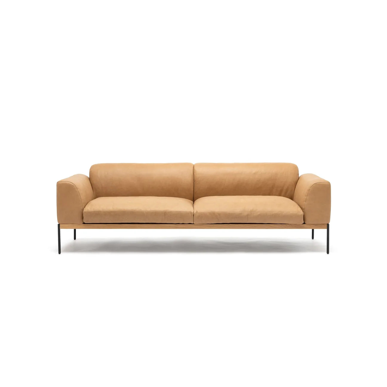 The Wooden Stories Department Sofa 93" | Leather is a modern tan leather sofa with minimalist Danish lines, two seat cushions, low squared arms, and slim black metal legs, shown against a white background.