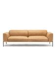 The Wooden Stories Department Sofa 93" | Leather is a modern tan leather sofa with minimalist Danish lines, two seat cushions, low squared arms, and slim black metal legs, shown against a white background.