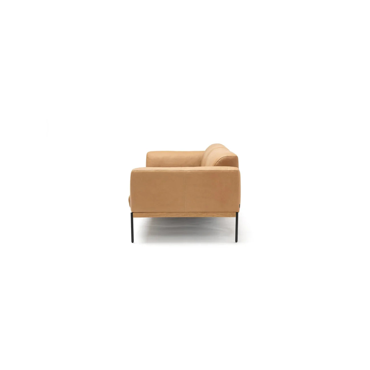 Side view of the Department Sofa 93" | Leather by Wooden Stories, a modern tan leather upholstered platform sofa with clean Danish lines and black metal legs, set against a plain white background.