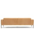 The Department Sofa 93" by Wooden Stories features modern tan leather upholstery, Danish lines, square arms, and slim black metal legs atop a solid wood plinth, shown from the back against a plain white background.