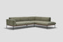 The Wooden Stories Department Modular Sofa | Fabric • M6 Right features olive green cushions, a low backrest, thin black metal legs, and an FSC-certified oak frame, shown against a plain light gray background.