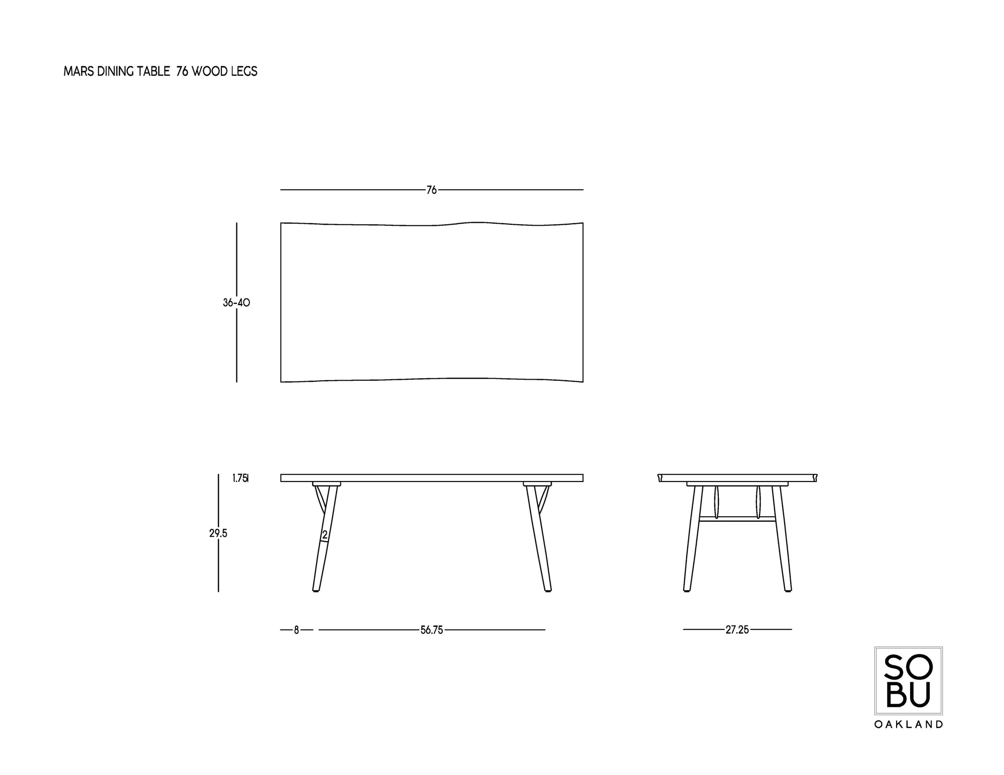 Line drawing of the Mars Live Edge Dining Table - Walnut with Wood Legs by SOBU, showing top, side, and end views with measurements: 76"L x 36-40"W x 29.5"H. SOBU logo at bottom right corner.
