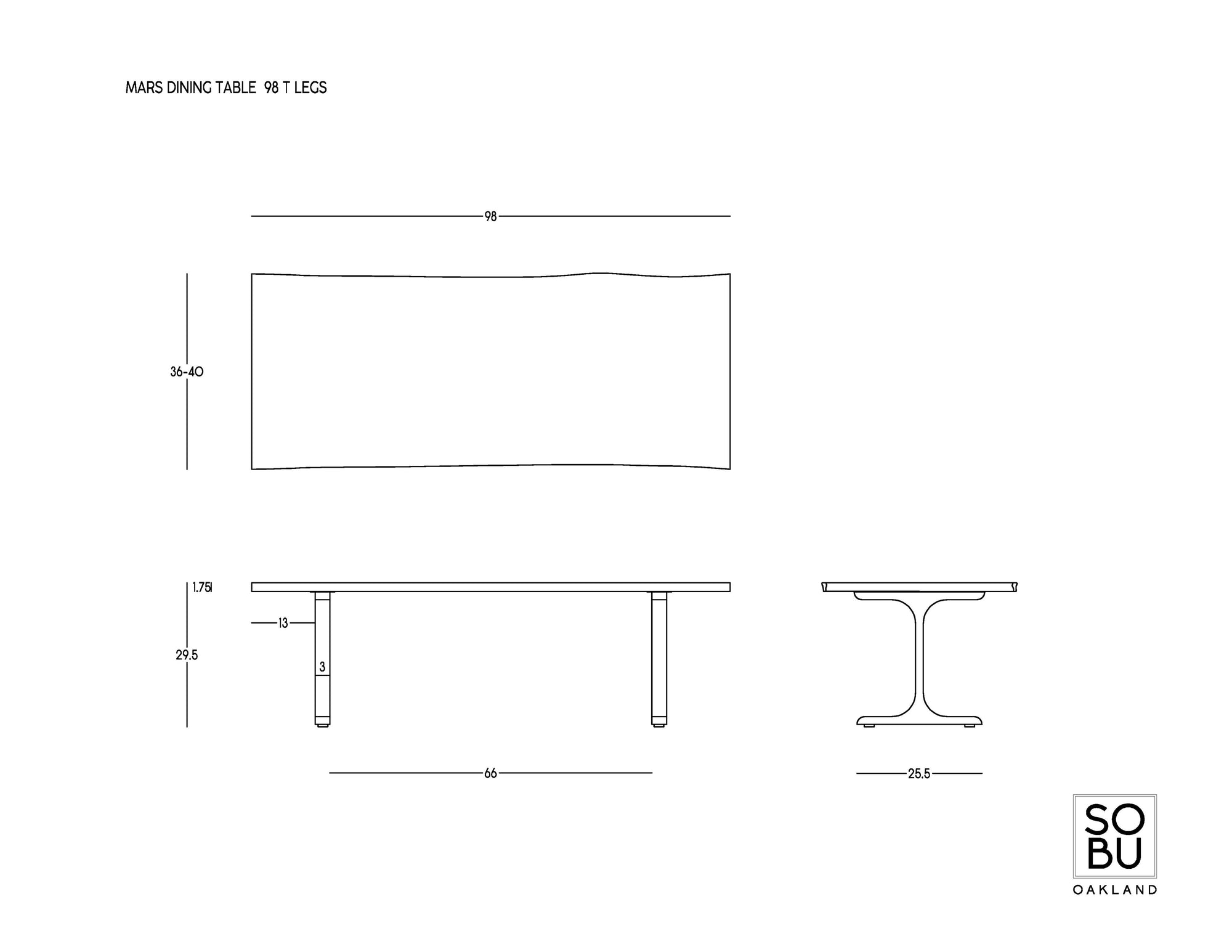 Technical drawing of the Mars Live Edge Dining Table—Black Ash with Black T Legs by SOBU—showing top, side, and end views with dimensions for height, width, and leg placement. SOBU logo appears in the bottom right corner.