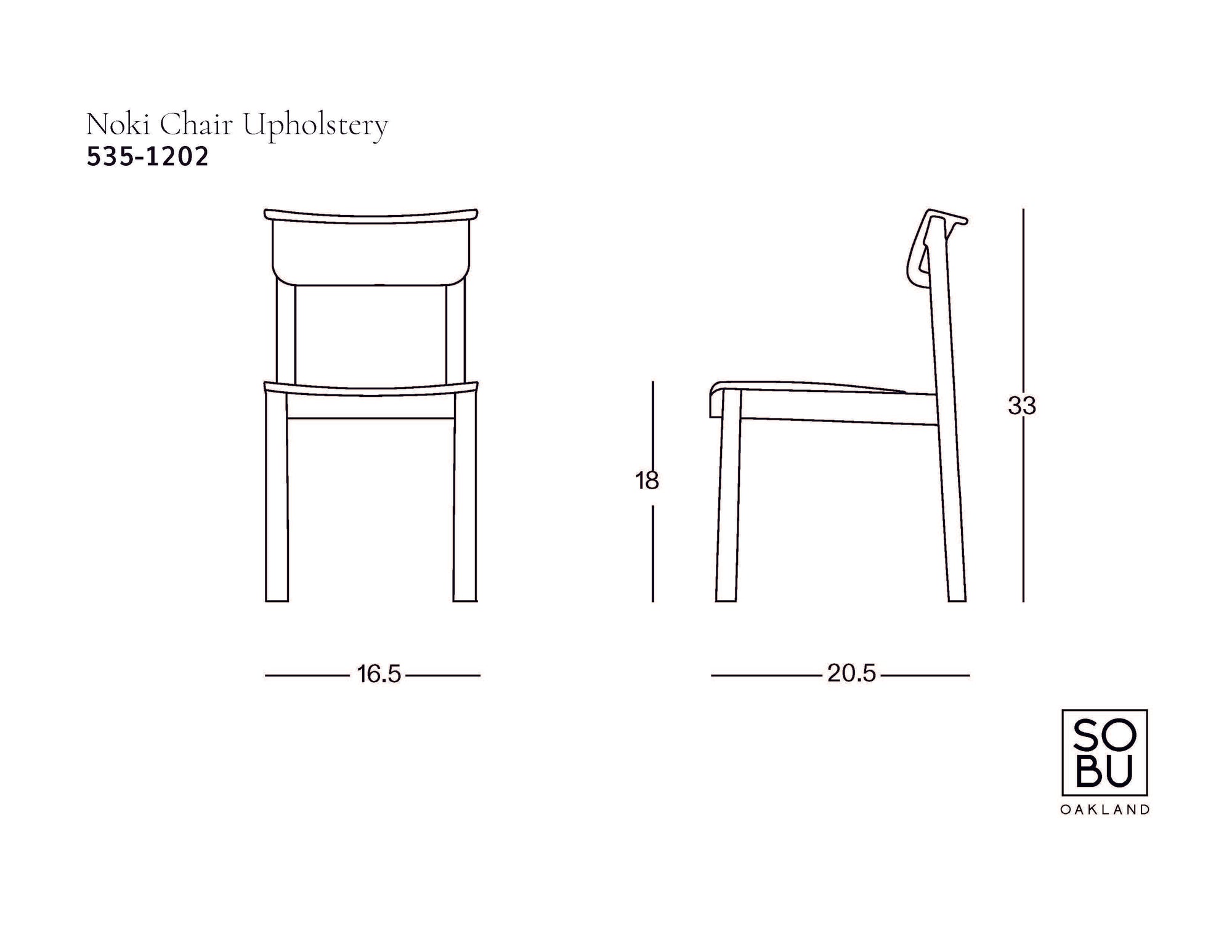 Line drawings of the contract-grade Noki Dining Chair | Black Oak by Wooden Stories, shown from front and side views with dimensions: 16.5" wide, 20.5" deep, seat height 18", total height 33". SOBU Oakland logo in lower right corner.