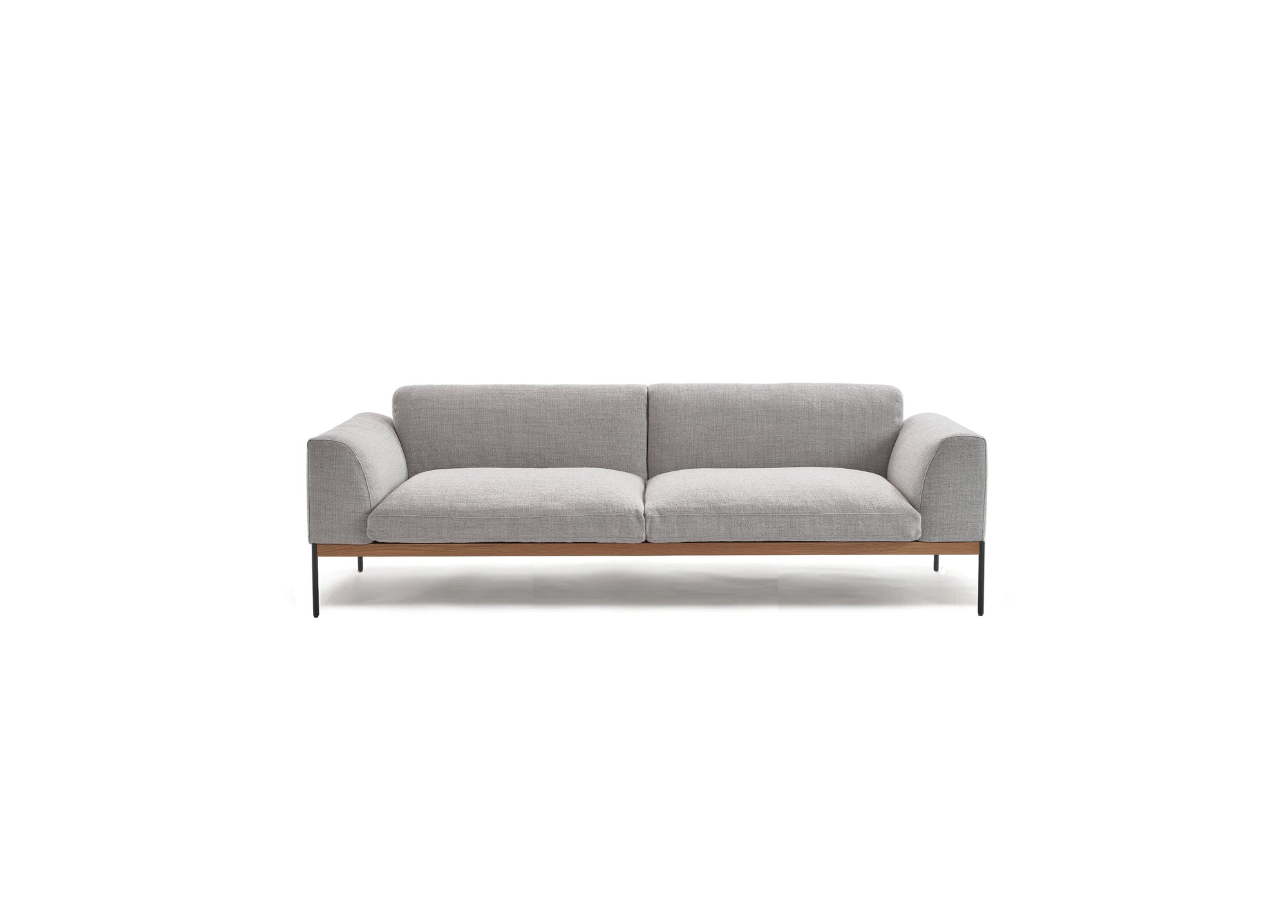The Department Sofa 93" by Wooden Stories features modern gray fabric, square armrests, Danish lines, a solid wood plinth base, and slim black metal legs, shown against a plain white background.