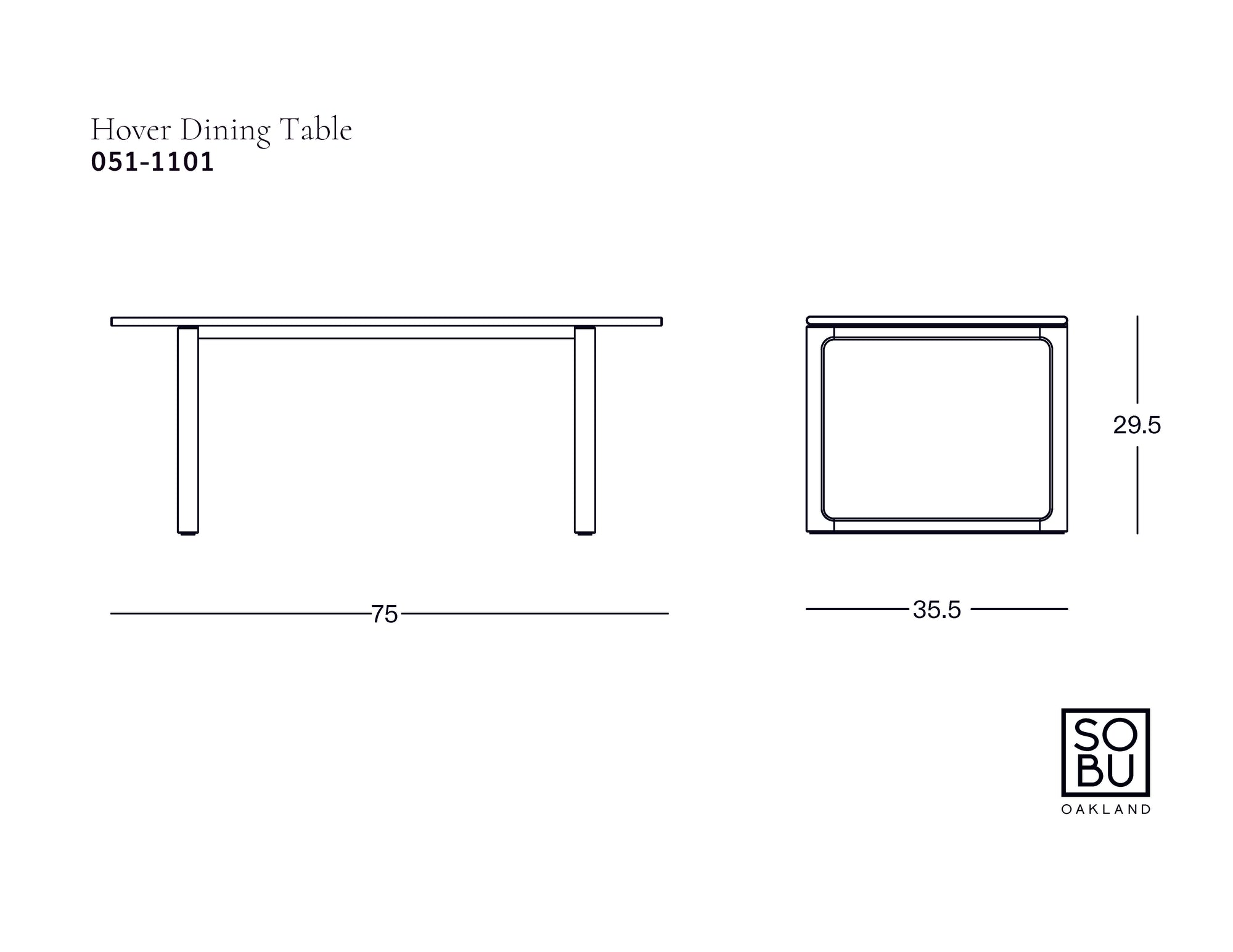 Simple line drawing of the Hover Dining Table | Black Oak by Wooden Stories, inspired by Danish design, with side and end views and labeled dimensions: 75" long, 35.5" wide, 29.5" high.