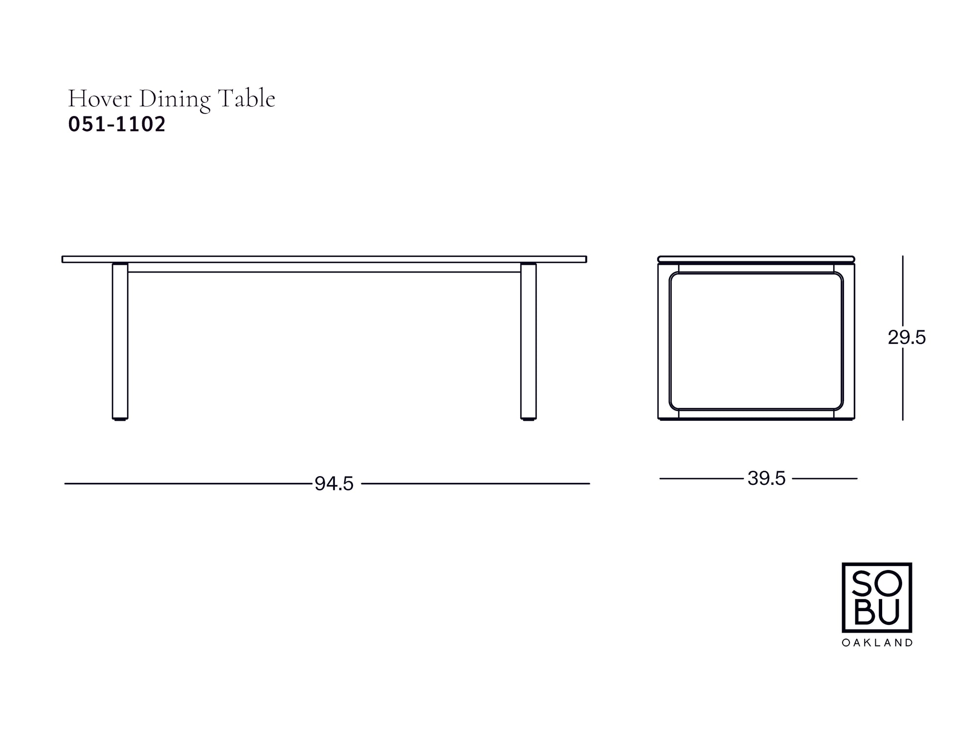 Line drawing of a rectangular solid oak dining table labeled Hover Dining Table | Black Oak by Wooden Stories. Dimensions: 94.5" L x 39.5" W x 29.5" H. Wooden Stories logo appears in the bottom right corner.
