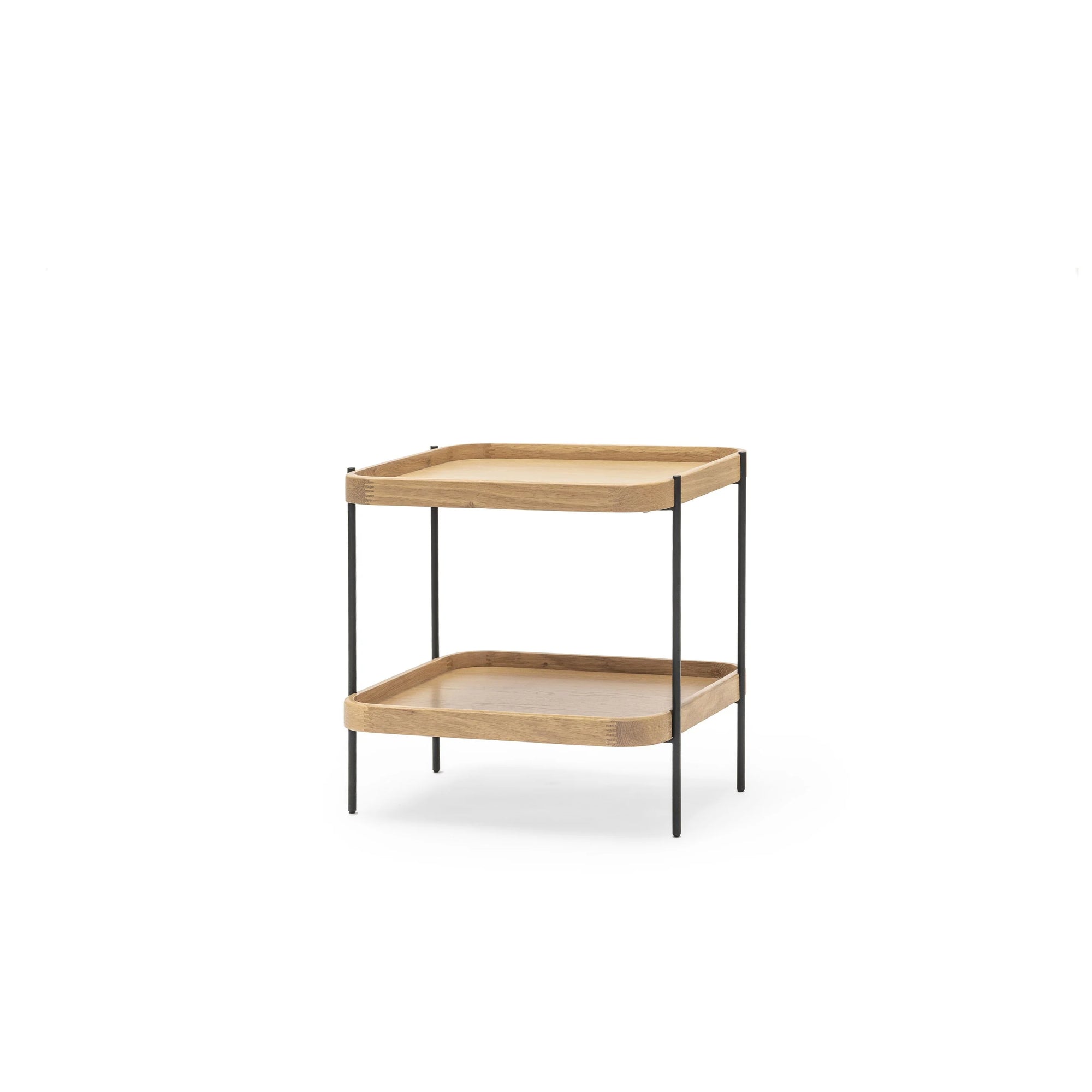 The Humla Rectangular End Table by Wooden Stories features square wooden trays and black metal legs in a minimalist, modern Danish-inspired design—ideal for fans of Hans Bolling Tray Tables. Shown against a white background.