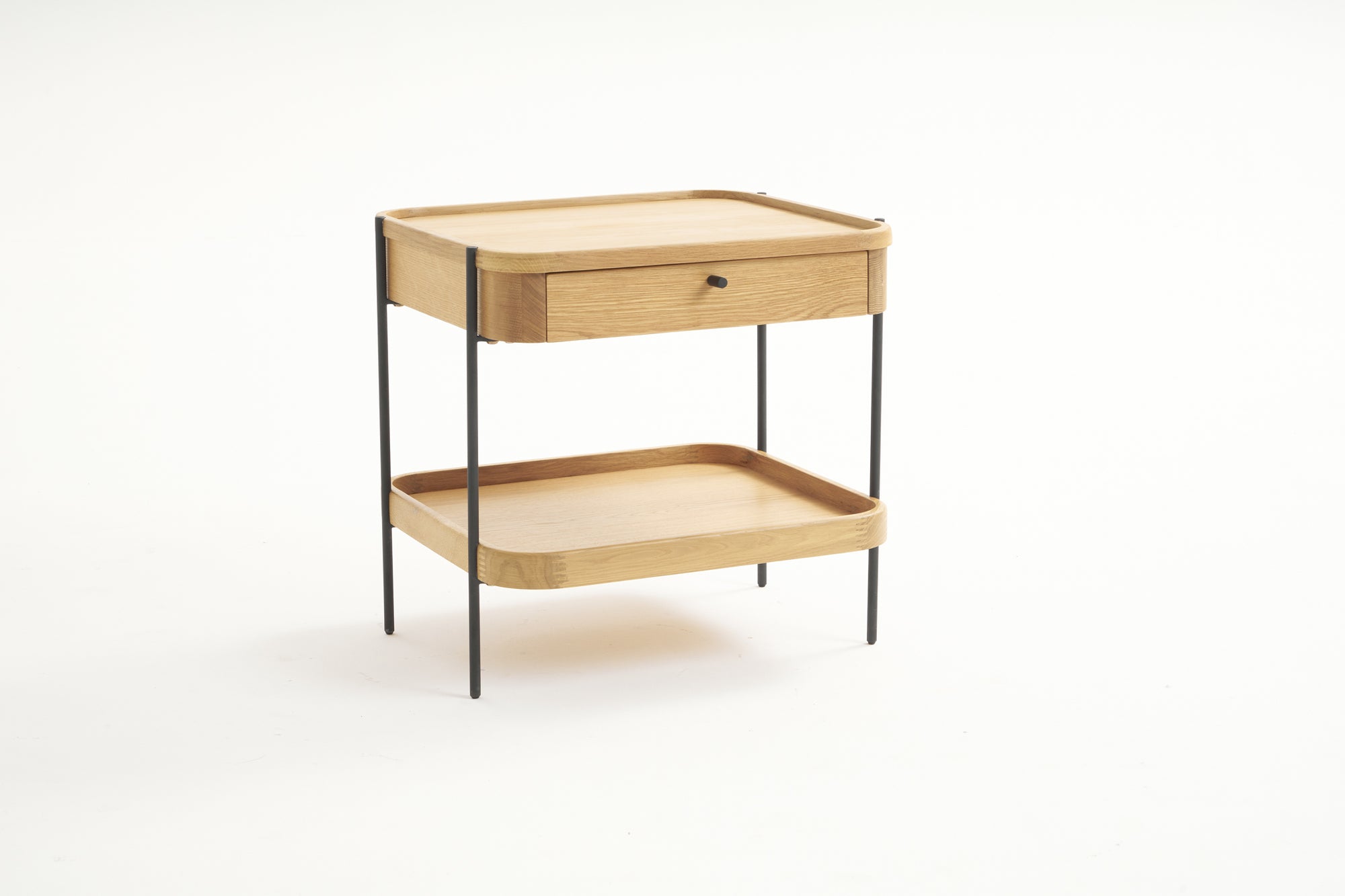 The Humla Side Table With Storage by Wooden Stories boasts solid wood, a drawer, black metal legs, and an open lower shelf—displayed on a plain white background.