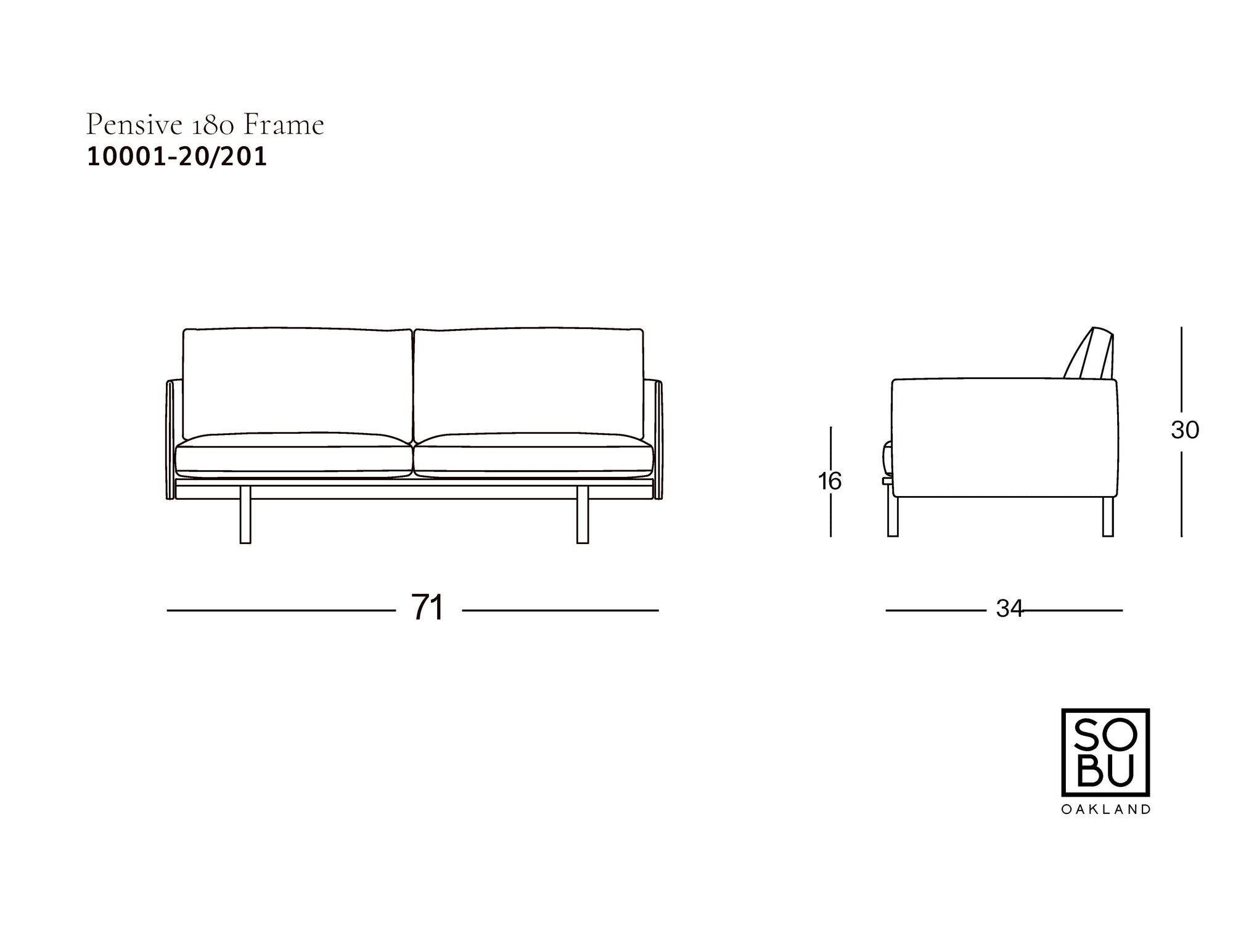 Line drawing of a modern, customizable two-seat Pensive Sofa | Leather by Wooden Stories, labeled "Pensive 180 Frame," with dimensions: width 71", depth 34", height 30", seat height 16". SOBO Oakland logo in the bottom right corner.