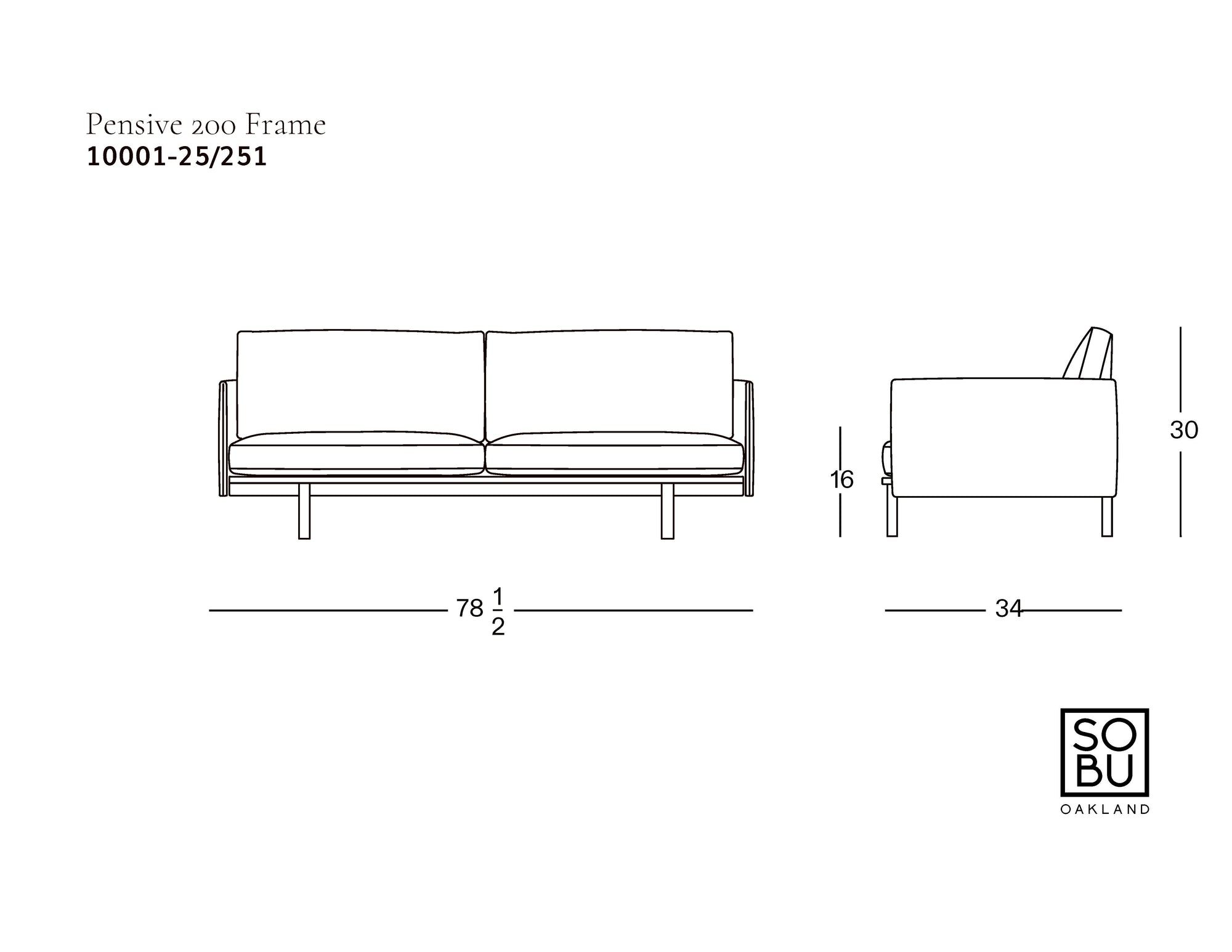 Line drawing of the Wooden Stories Pensive Sofa | Leather, shown from front and side, with labeled dimensions: 78.5" wide, 34" deep, 30" high. The Wooden Stories logo appears in the bottom right corner.