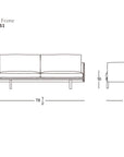Line drawing of the Wooden Stories Pensive Sofa | Leather, shown from front and side, with labeled dimensions: 78.5" wide, 34" deep, 30" high. The Wooden Stories logo appears in the bottom right corner.