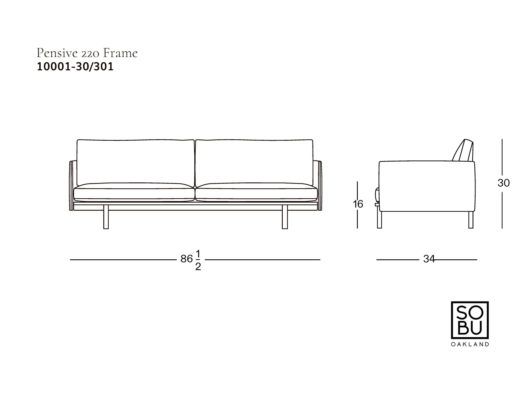 Line drawing of the Pensive Sofa | Leather by Wooden Stories with dimensions: width 86.5", height 30", depth 34", seat height 16". Front and side views shown. Wooden Stories logo in the bottom right corner.