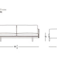 Line drawing of the Pensive Sofa | Leather by Wooden Stories with dimensions: width 86.5", height 30", depth 34", seat height 16". Front and side views shown. Wooden Stories logo in the bottom right corner.